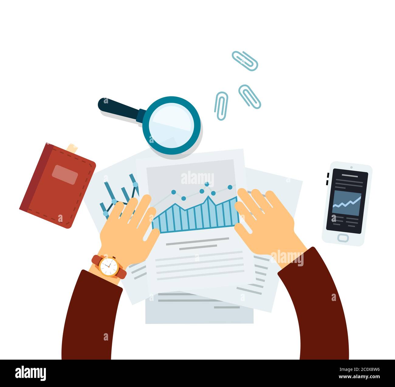 Flat vector icon workplace documents, papers, office stuff top view. Stock Vector