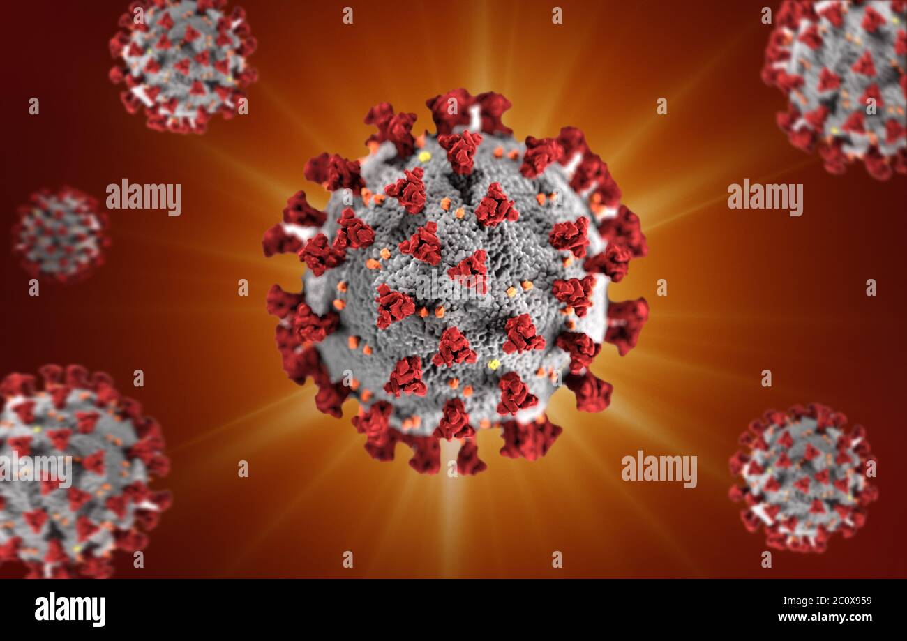 Coronavirus or COVID-19 flu, virus 3D medical illustration render. Danger public health disease. Pandemic concept including CDC public domain elements. Stock Photo
