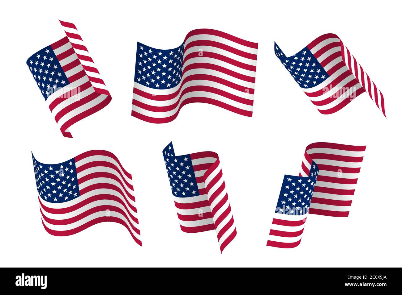 Set of 3d USA waving flag. Isolated on white, vector illustration. Stock Vector