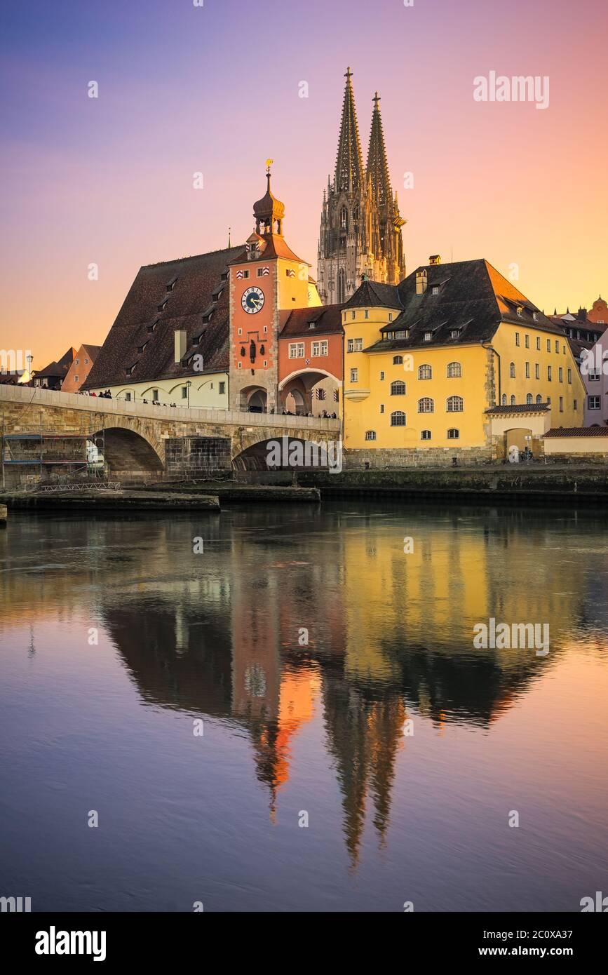 The old town of Regensburg, Germany at sunset Stock Photo