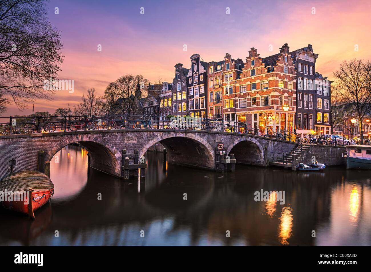 Sunset at the Brouwersgracht in Amsterdam, Netherlands Stock Photo