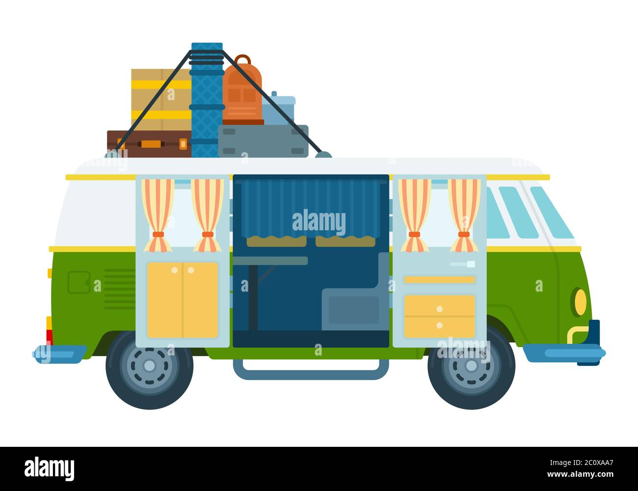 Flat travel camper van vector icon isolated on white background. Stock Vector