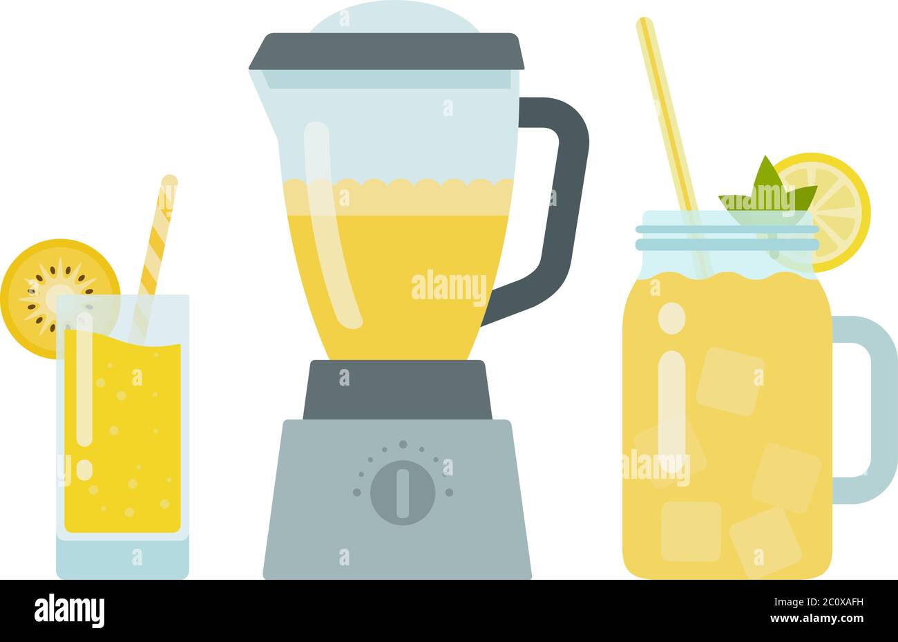 Pineapple juice in a glass, pineapple juice in a blender and yellow