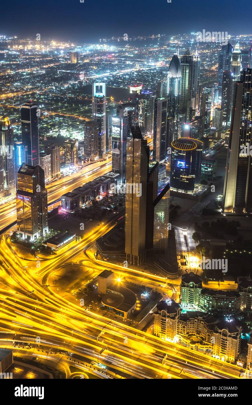Dubai downtown night scene with city lights Stock Photo Alamy