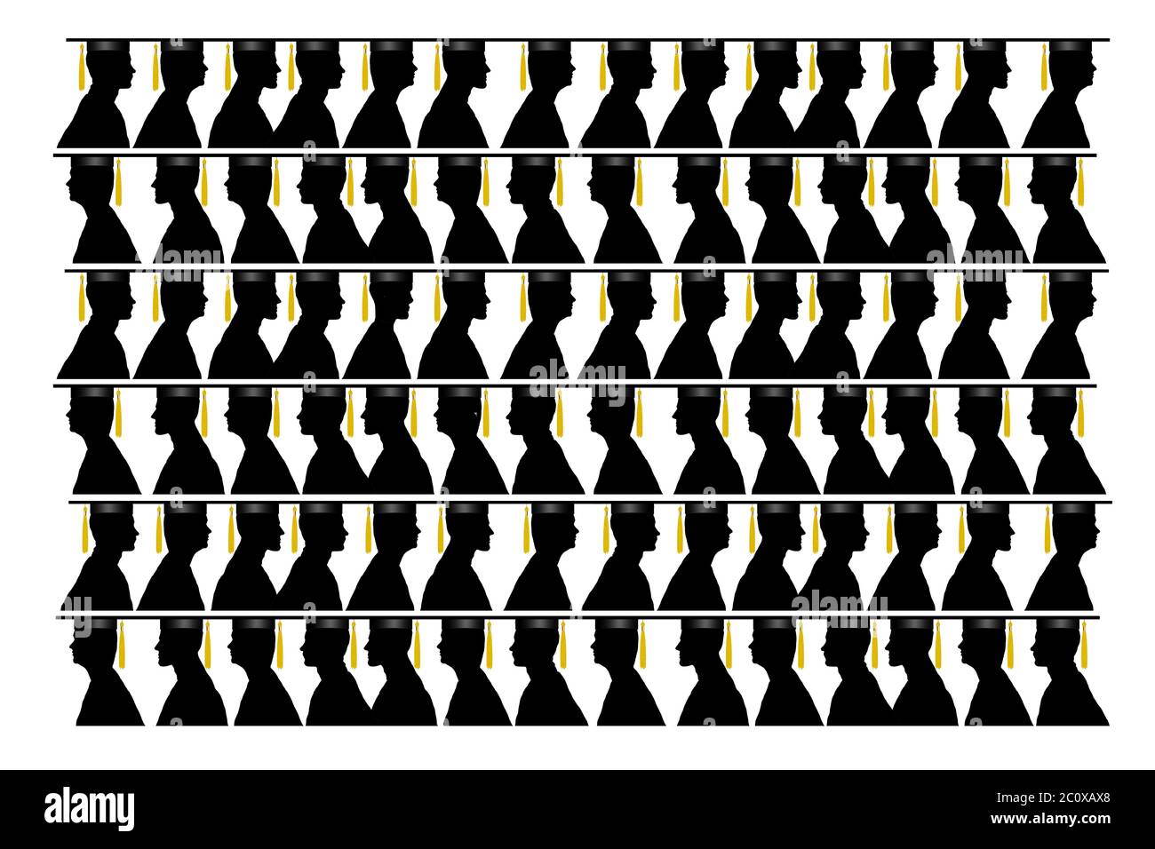 Silhouetted graduates in cap and gowns are seen in rows as they line up for graduation. Isolated on a white background. Gold tassles. Illustration. Stock Photo