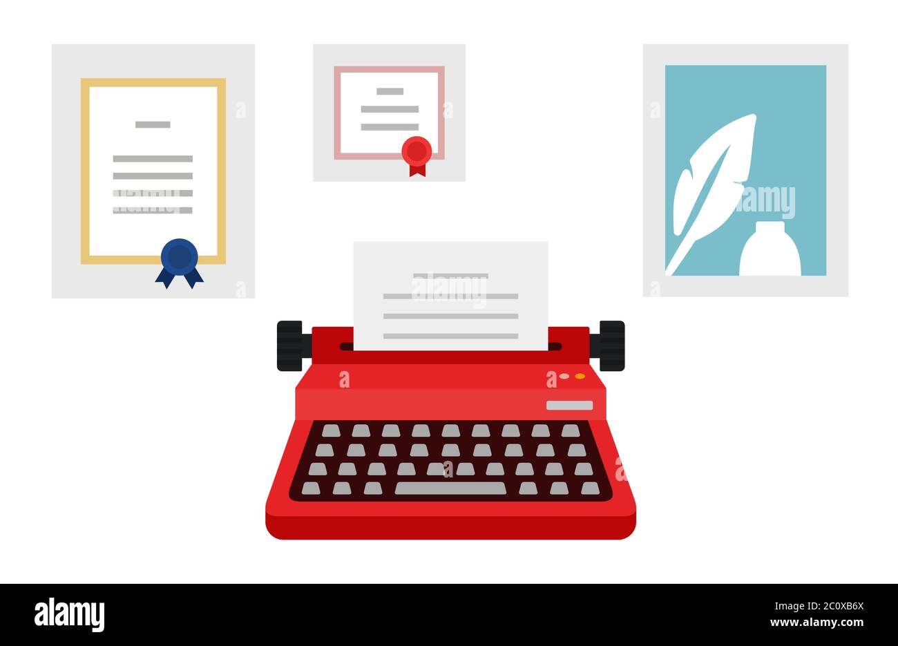 The ancient typewriter with certificate, diploma vector illustration in flat design. Stock Vector