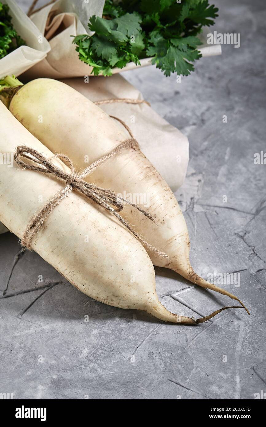 White daikon radish, Organic products, layout for healthy eating and