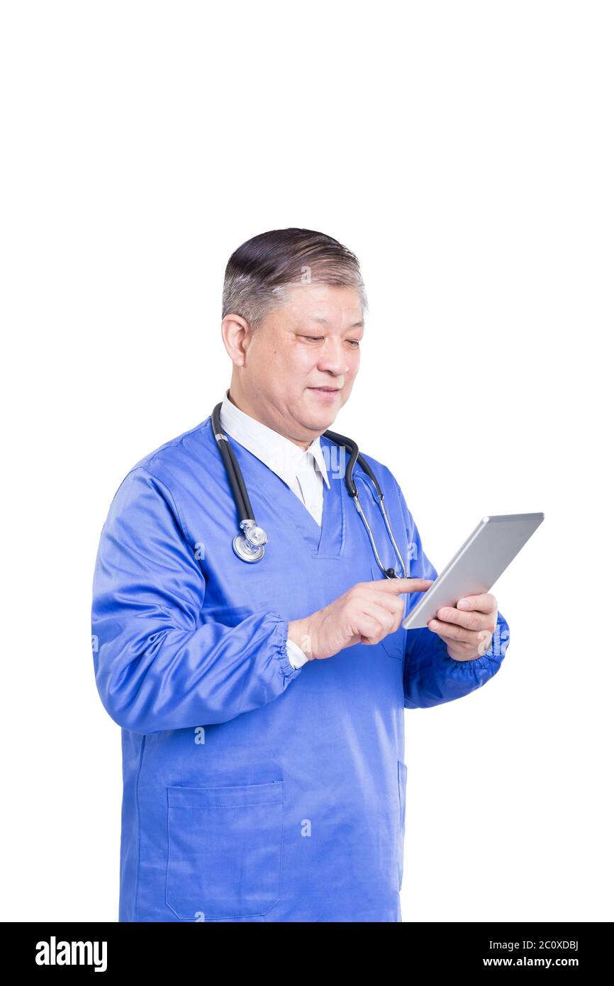 asian old man doctor in blue uniform with tablet Stock Photo - Alamy