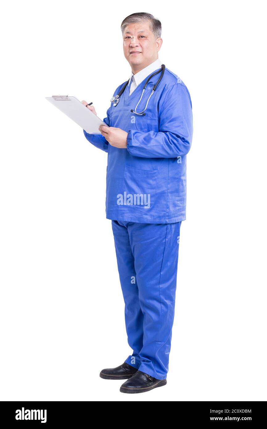 asian old man doctor in blue uniform with stethoscope and clipboard ...