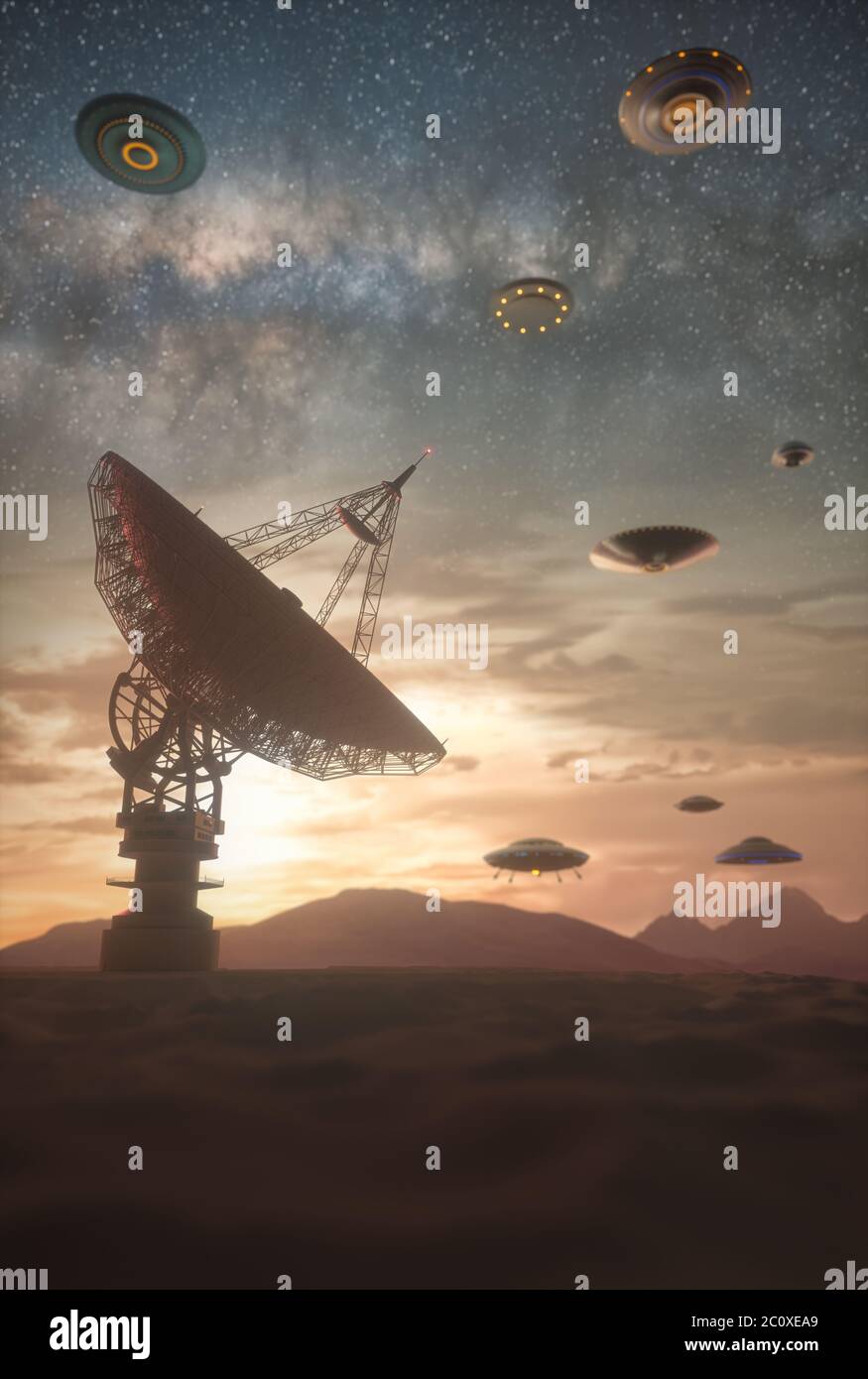 Alien invasion, illustration. Swarm of unidentified flying objects (UFOs) over a satellite dish. Stock Photo