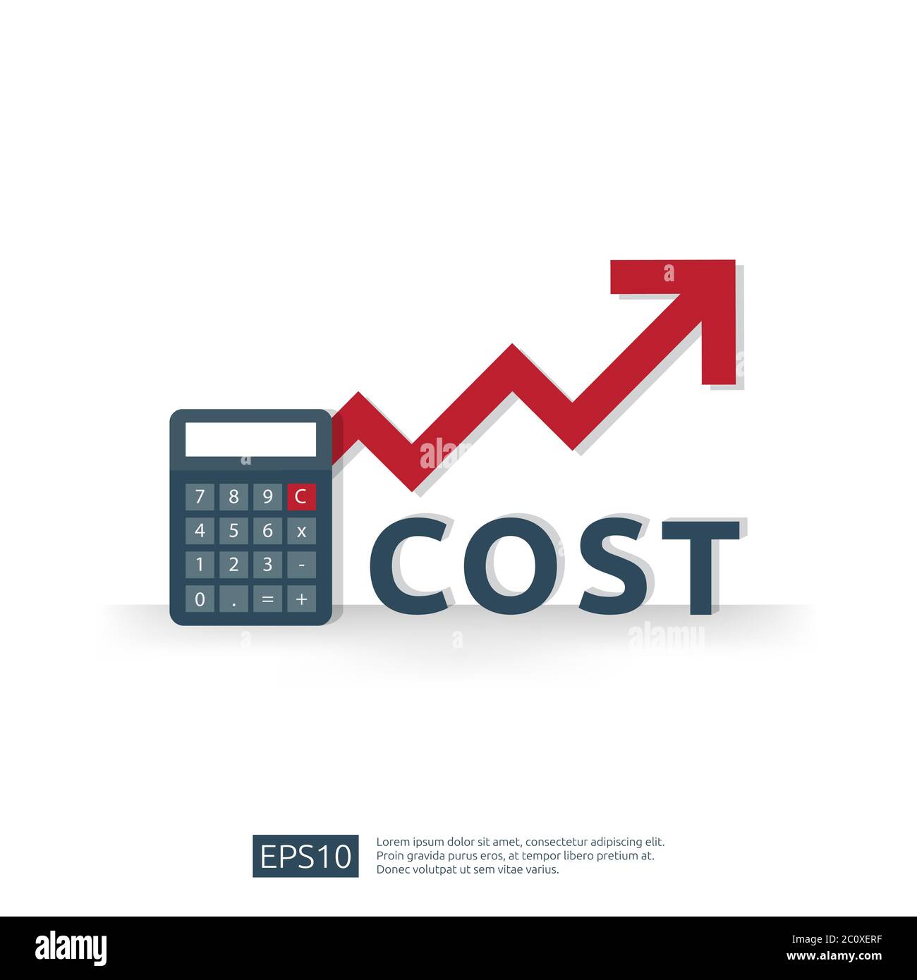 cost fee spending increase with red arrow rising up growth diagram. business cash reduction concept. investment growth progress with calculator elemen Stock Vector
