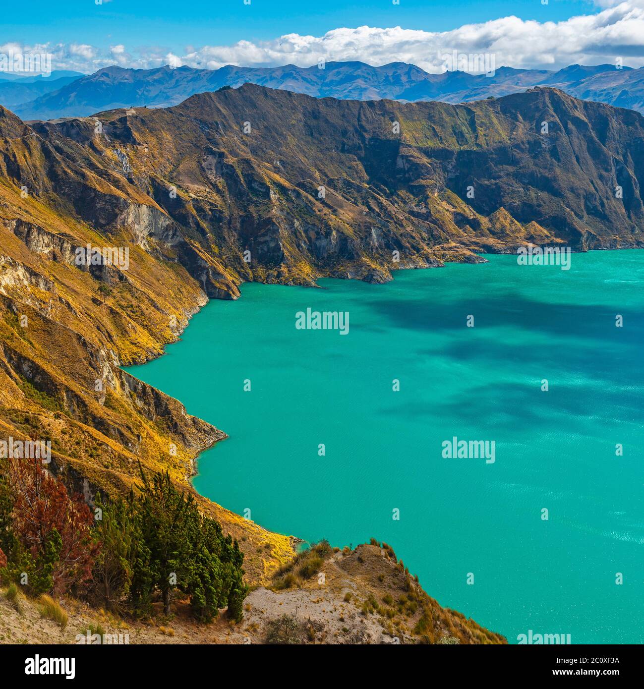 Quilotoa crater lagoon landscape with turquoise colors, Quilotoa Loop hike, Quito, Ecuador. Stock Photo