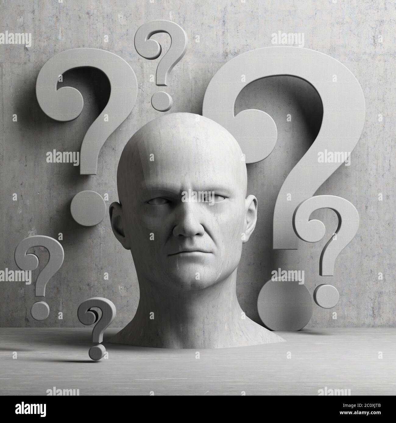 Thinking man statue and question marks Stock Photo Alamy