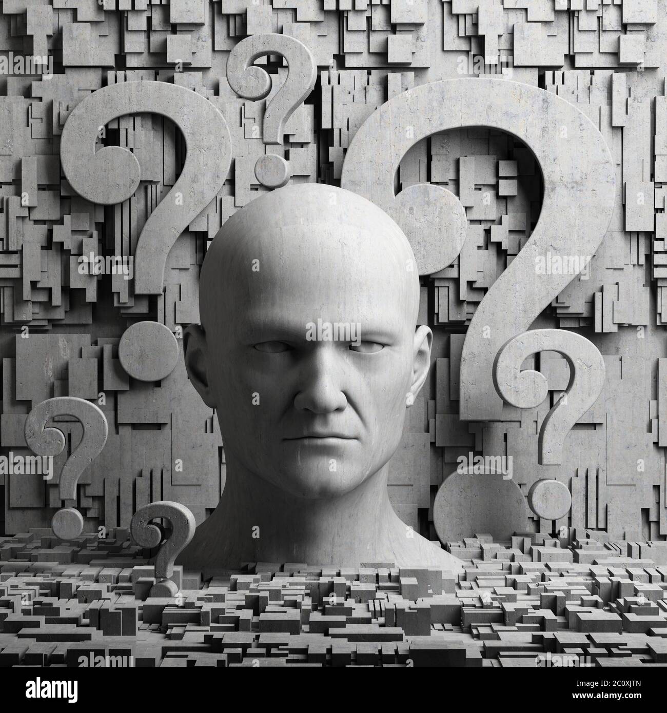 Thinking man statue and question marks Stock Photo