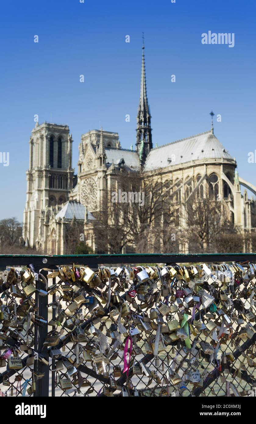 bridge with locks and NotreDame. France. Paris Stock Photo Alamy