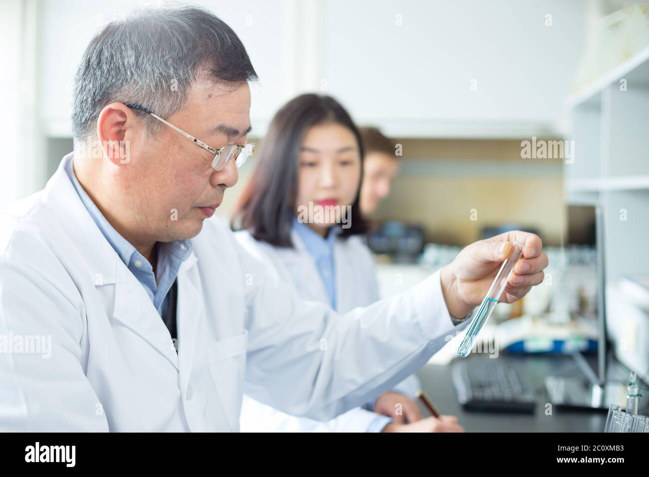 people doing chemical experiment in modern lab Stock Photo