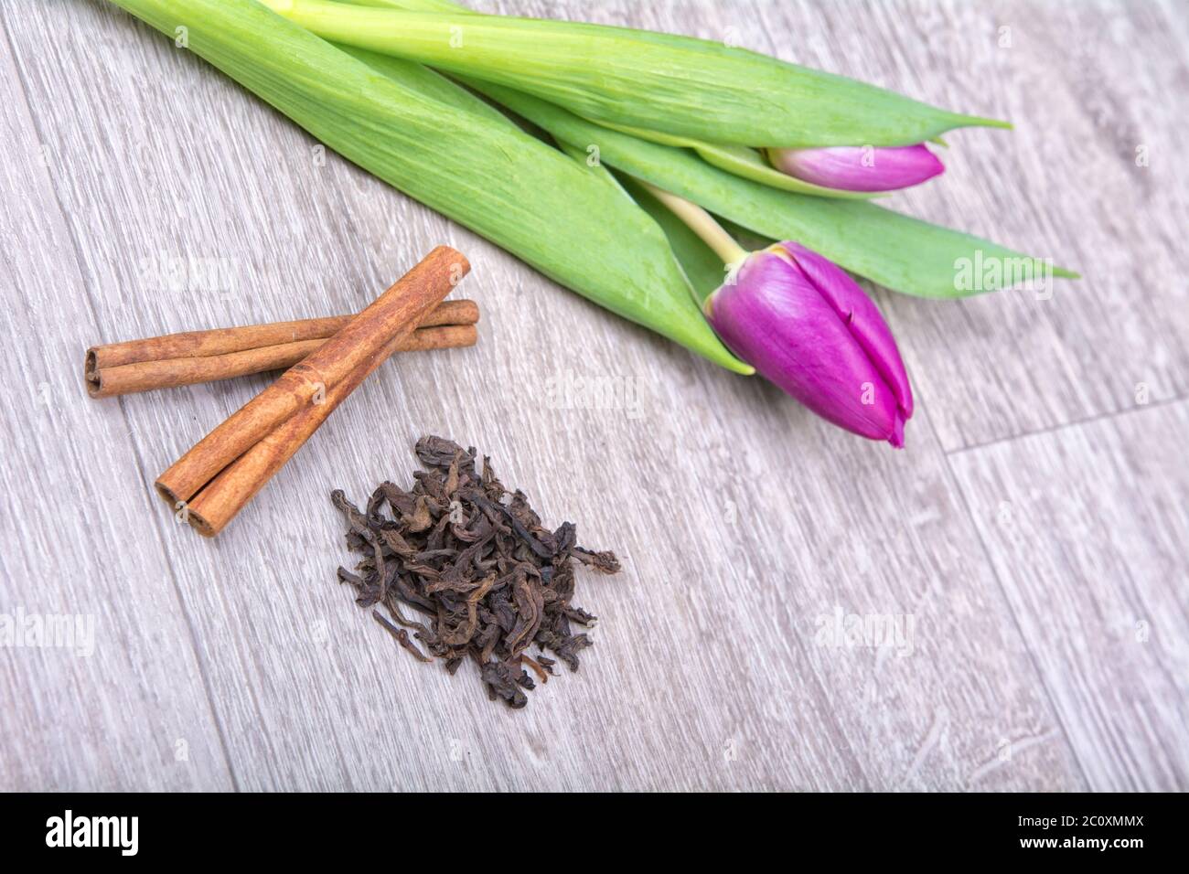 Cinnamon, tea, and purple tulips Stock Photo