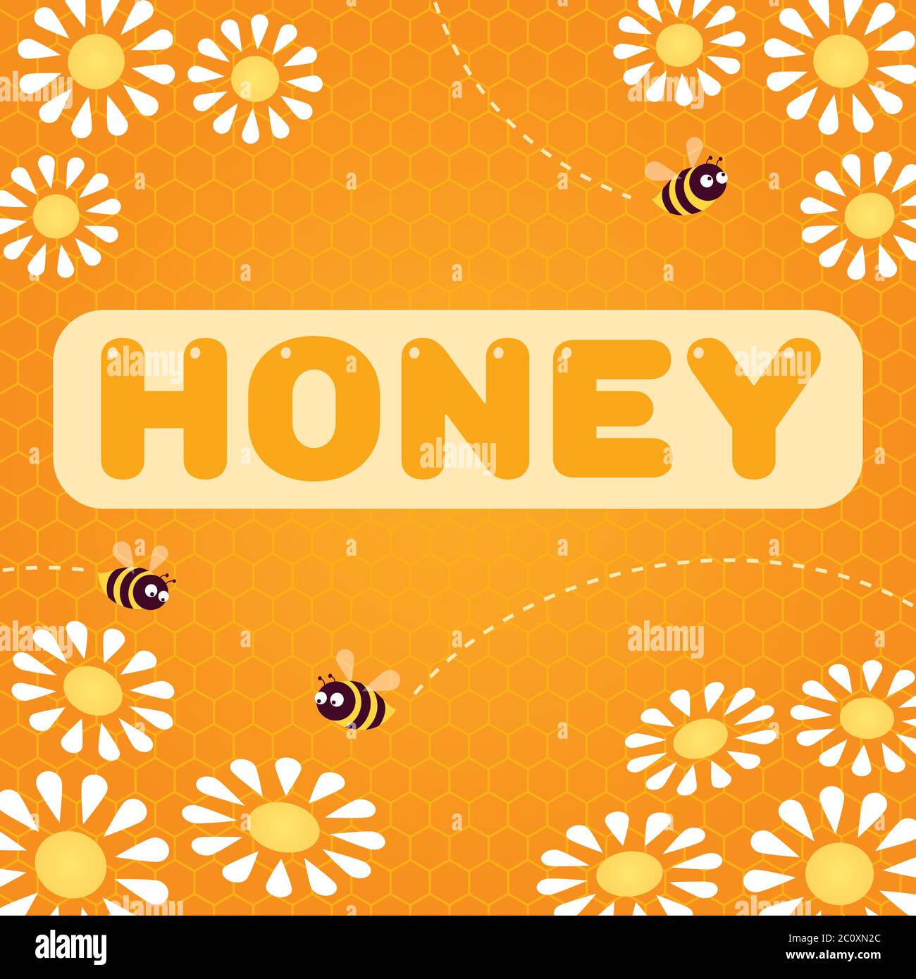 Vector illustration. Word 'Honey'. Bees flying over white daisies ...