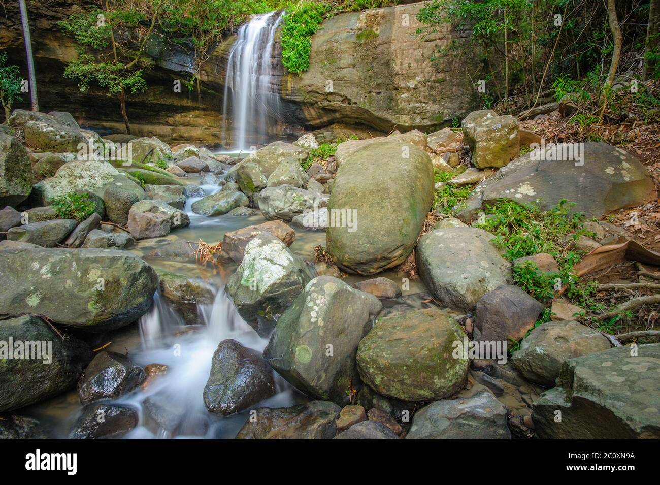 A long exposure capture of Serenity Falls and rock pool at the end of Buderim Forest Park's bush walk on the Sunshine Coast in South-east Queensland. Stock Photo