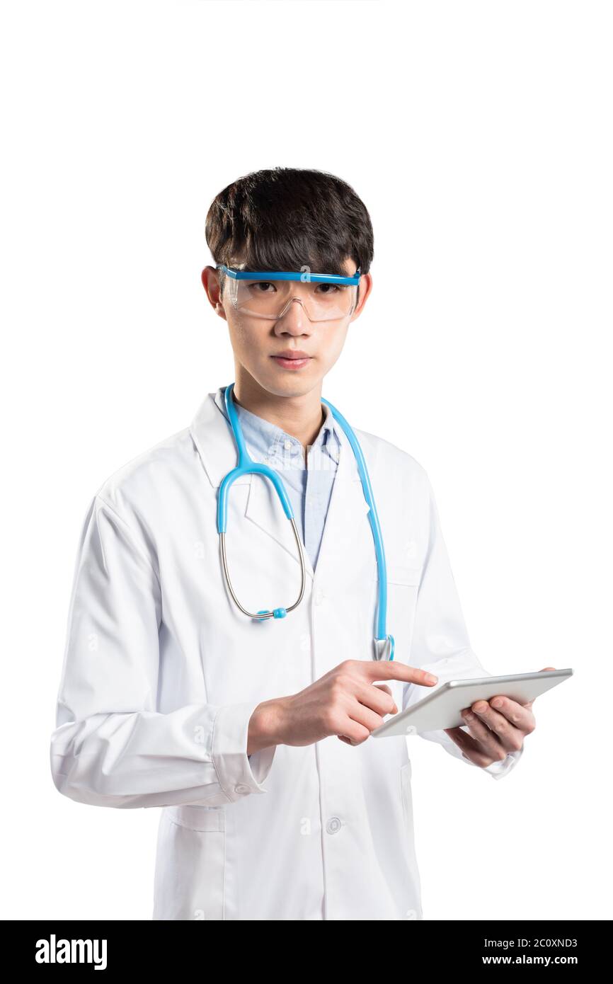 isolated young asian man doctor on white background Stock Photo