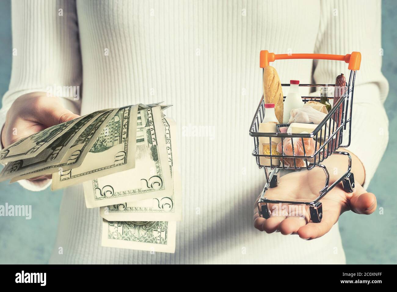 Consumer basket value concept. Girl weighs money and a shopping basket