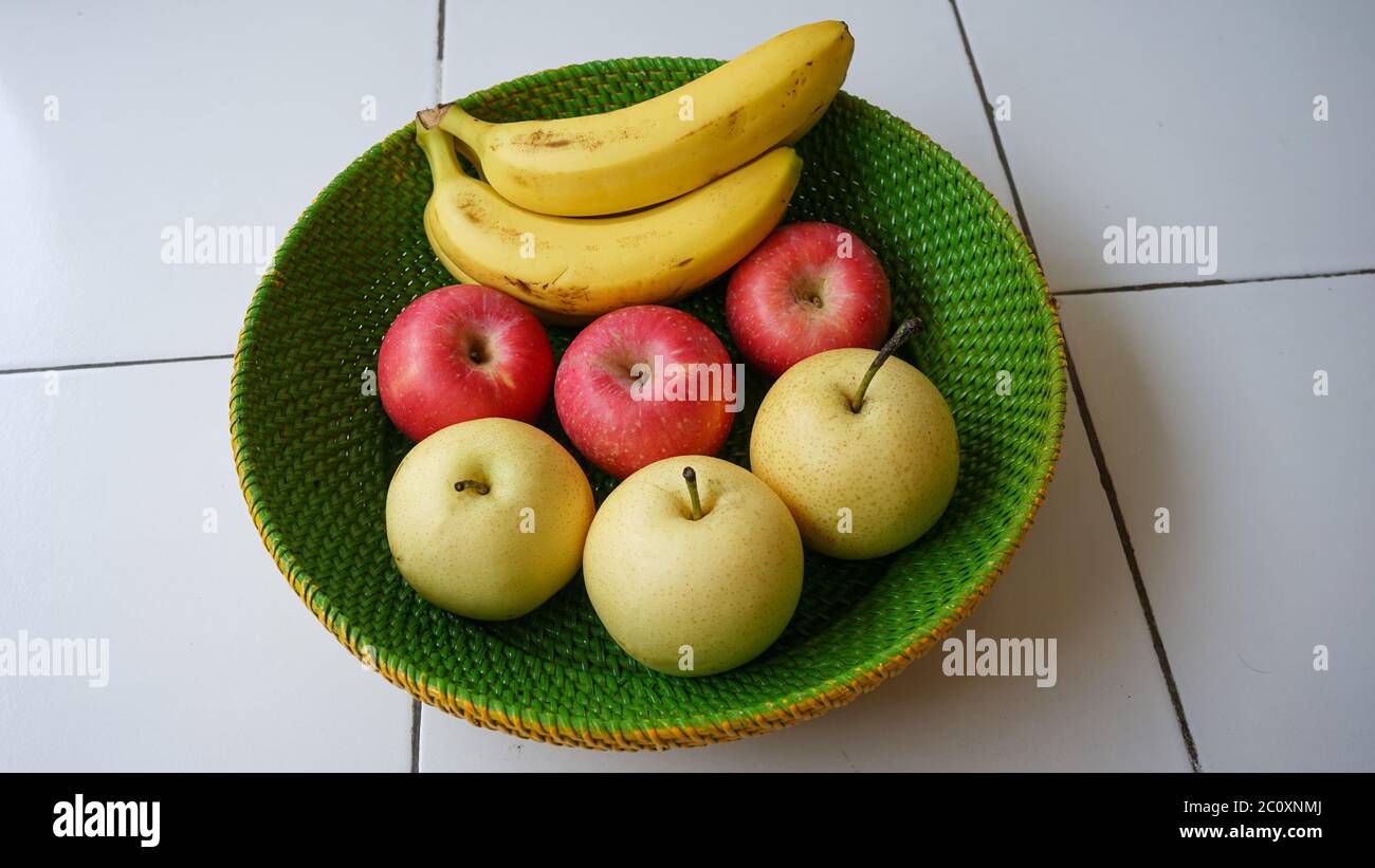 Close up of apples, pears and bananas Stock Photo