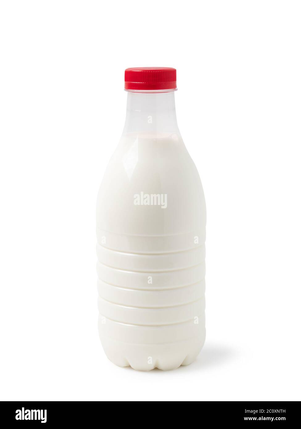 Liter plastic bottle of milk with a red cap isolated on a white background with clipping paths with shadow and no shadow Stock Photo
