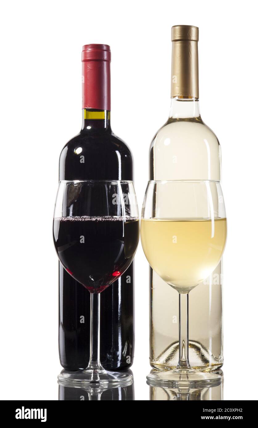 Red and white wine bottles with glasses Stock Photo Alamy