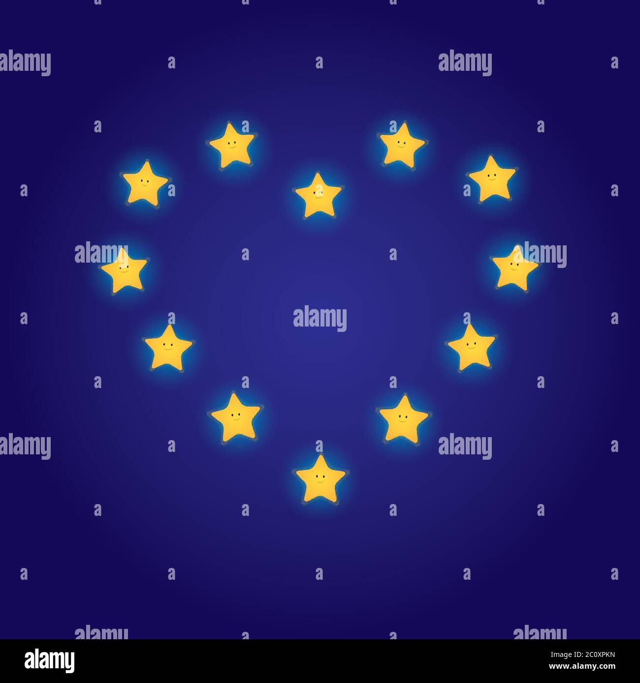 Vector illustration of a cartoon smiling stars arranged in the shape of a heart. Square format, dark blue background. Stock Vector