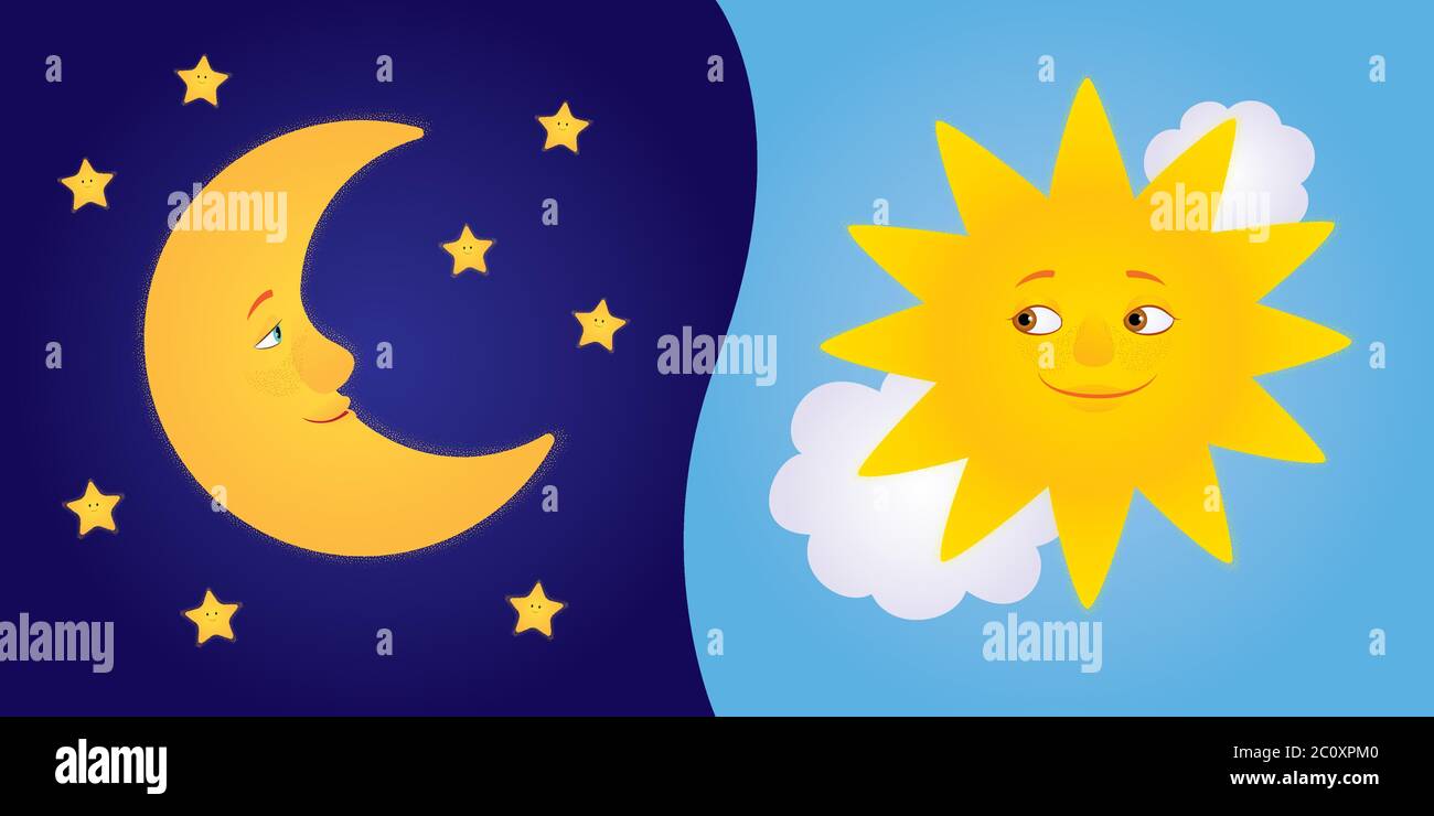 Vector cartoon illustration of half moon with stars and sun among clouds looking to each other and smiling. Horizontal format. Stock Vector