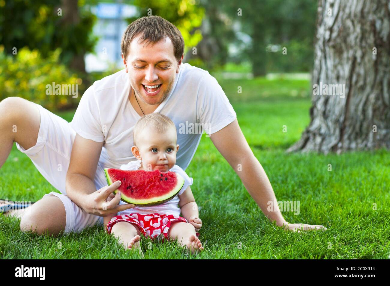 Happy father with baby daughter outdoors in summer park Stock Photo - Alamy