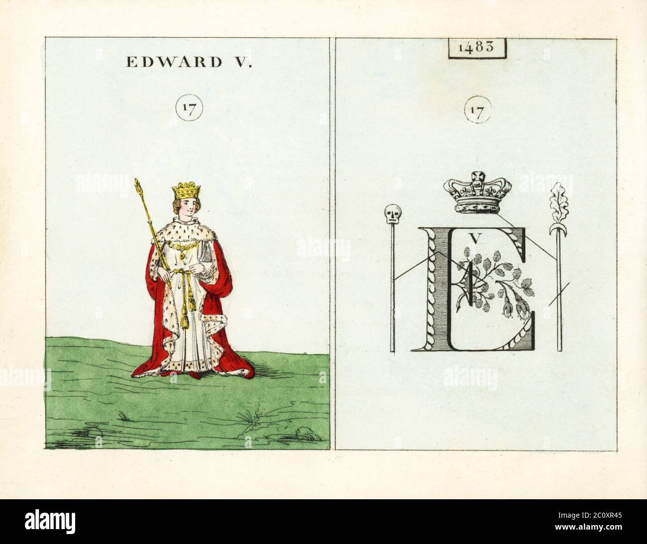 Portrait of King Edward V of England. With crown, sceptre, ermine mantle. Emblem indicates the Duke of Gloucester seizing the crown. Handcoloured steel engraving after an illustration by Mary Ann Rundall from A Symbolical History of England, from Early Times to the Reign of William IV, J.H. Truchy, Paris, 1839. Mary Ann Rundall was a teacher of young ladies in Bath, and published her book of mnemonic emblems in 1815. Stock Photo
