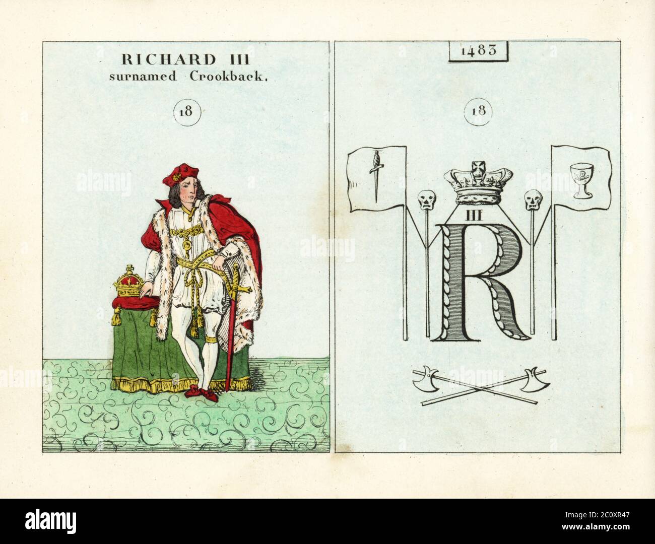 Portrait of King Richard III of England, surnamed Crookback. With cap, ermine mantle, sword and crown. Emblem indicates assassins supporting the crown. Handcoloured steel engraving after an illustration by Mary Ann Rundall from A Symbolical History of England, from Early Times to the Reign of William IV, J.H. Truchy, Paris, 1839. Mary Ann Rundall was a teacher of young ladies in Bath, and published her book of mnemonic emblems in 1815. Stock Photo