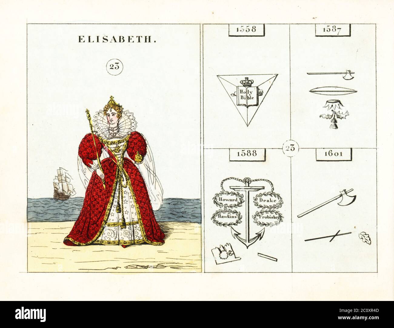 Portrait of Queen Elizabeth I of England, Elizabeth the Good or the Virgin Queen. In crown, high ruff, long dress, holding orb and sceptre. Emblems indicate the establishment of Protestantism, death of Mary Queen of Scots, defeat of the Spanish Armada, and death of the Earl of Essex. Handcoloured steel engraving after an illustration by Mary Ann Rundall from A Symbolical History of England, from Early Times to the Reign of William IV, J.H. Truchy, Paris, 1839. Mary Ann Rundall was a teacher of young ladies in Bath, and published her book of mnemonic emblems in 1815. Stock Photo