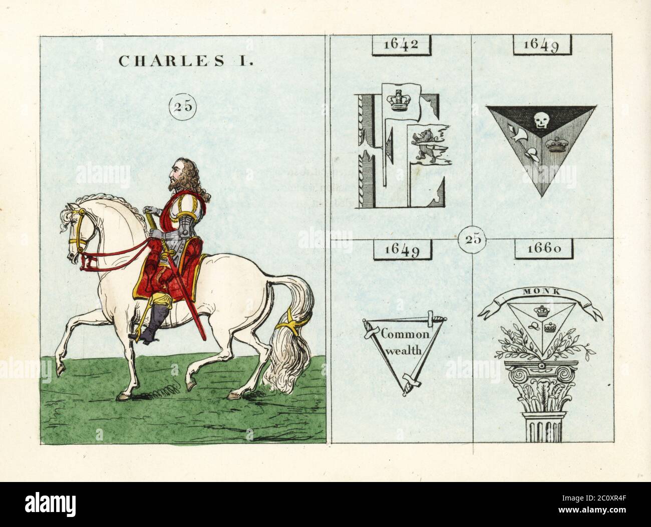 Portrait of King Charles I of England, with emblems. Charles in plate armor, sash and boots with sword on horseback. Emblems indicate the start of the Civil War, the death of the king, the Commonwealth and the Restoration. Handcoloured steel engraving after an illustration by Mary Ann Rundall from A Symbolical History of England, from Early Times to the Reign of William IV, J.H. Truchy, Paris, 1839. Mary Ann Rundall was a teacher of young ladies in Bath, and published her book of mnemonic emblems in 1815. Stock Photo