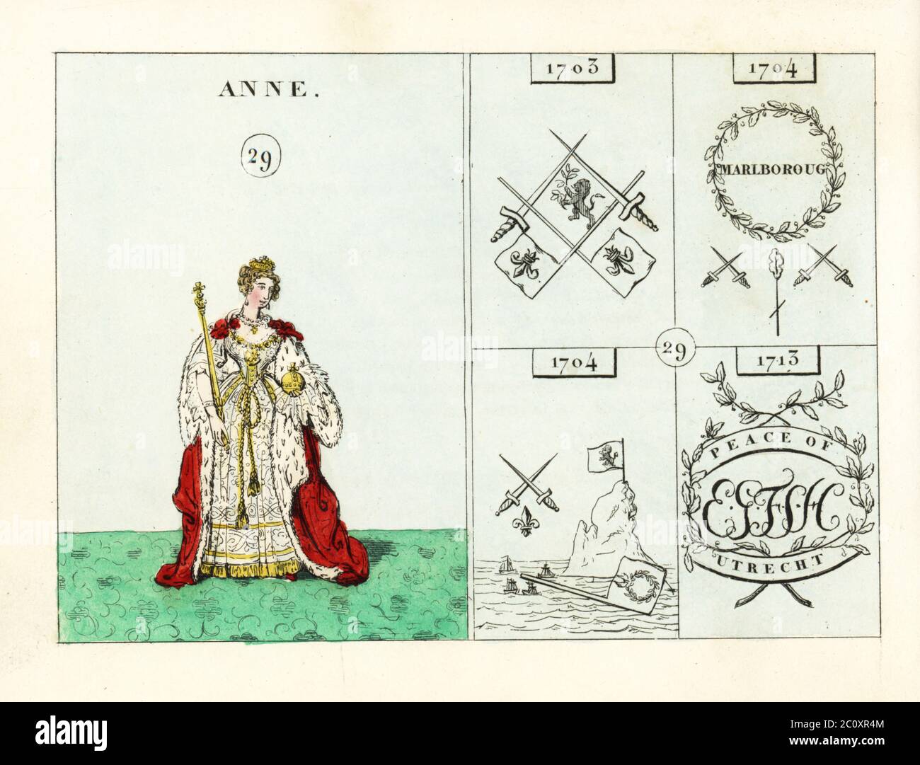 Portrait of Queen Anne of England, In crown, ermine mantle, white and gold dress, with orb and sceptre. Emblems indicate the French War, victories of Marlborough, Sir George Rooke takes Gibraltar, and Peace of Utrecht. Handcoloured steel engraving after an illustration by Mary Ann Rundall from A Symbolical History of England, from Early Times to the Reign of William IV, J.H. Truchy, Paris, 1839. Mary Ann Rundall was a teacher of young ladies in Bath, and published her book of mnemonic emblems in 1815. Stock Photo