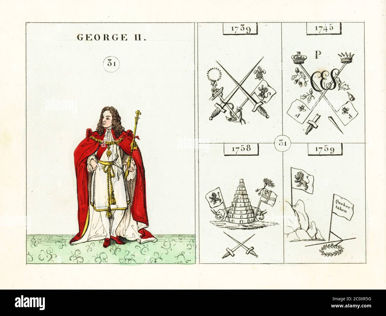 Portrait of King George II of England. In mantle, robe, sash and hose, with sceptre. Emblems indicate the War with Spain and France, defeat of the Pretender, victories in India, and death of General Wolfe at Quebec. Handcoloured steel engraving after an illustration by Mary Ann Rundall from A Symbolical History of England, from Early Times to the Reign of William IV, J.H. Truchy, Paris, 1839. Mary Ann Rundall was a teacher of young ladies in Bath, and published her book of mnemonic emblems in 1815. Stock Photo