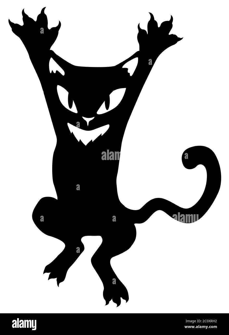 Cat cartoon character claws out arms raised stencil black, vector