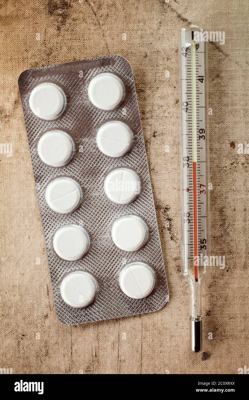 Medicaments with thermometer Stock Photo