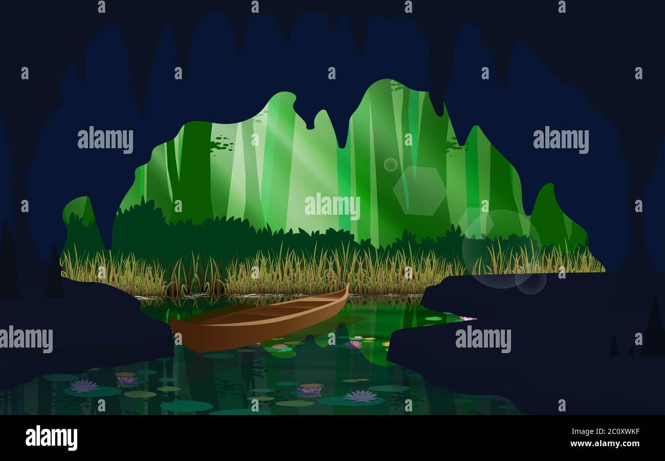 landcape of the cave at the river in the jungle Stock Vector