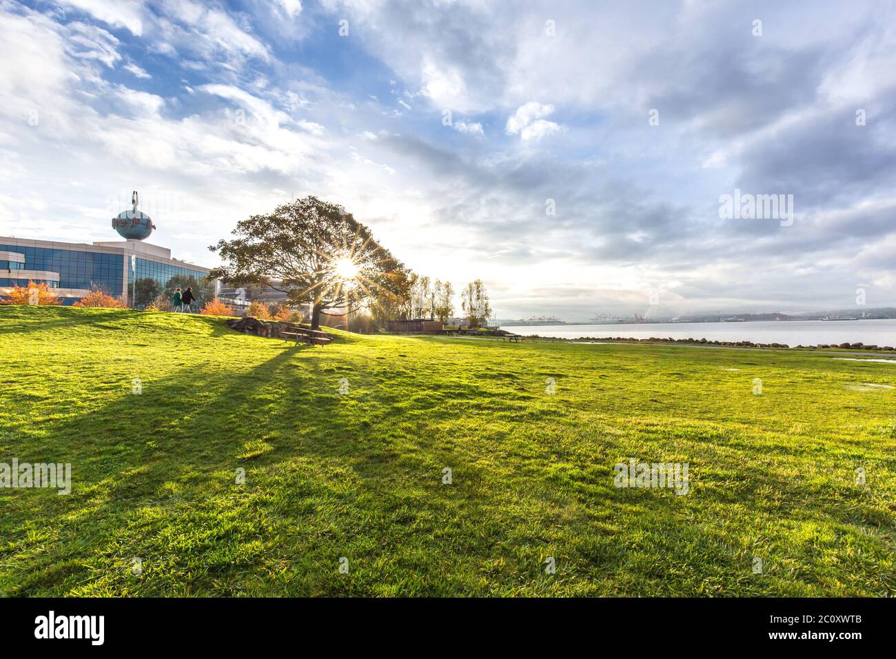 grassland near sea with sunbeam in cloud sky in portland Stock Photo