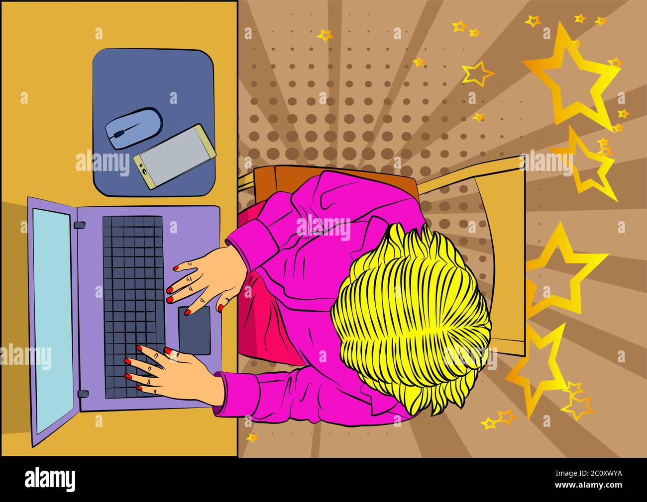 Woman working on a laptop computer from top view - comic book style ...