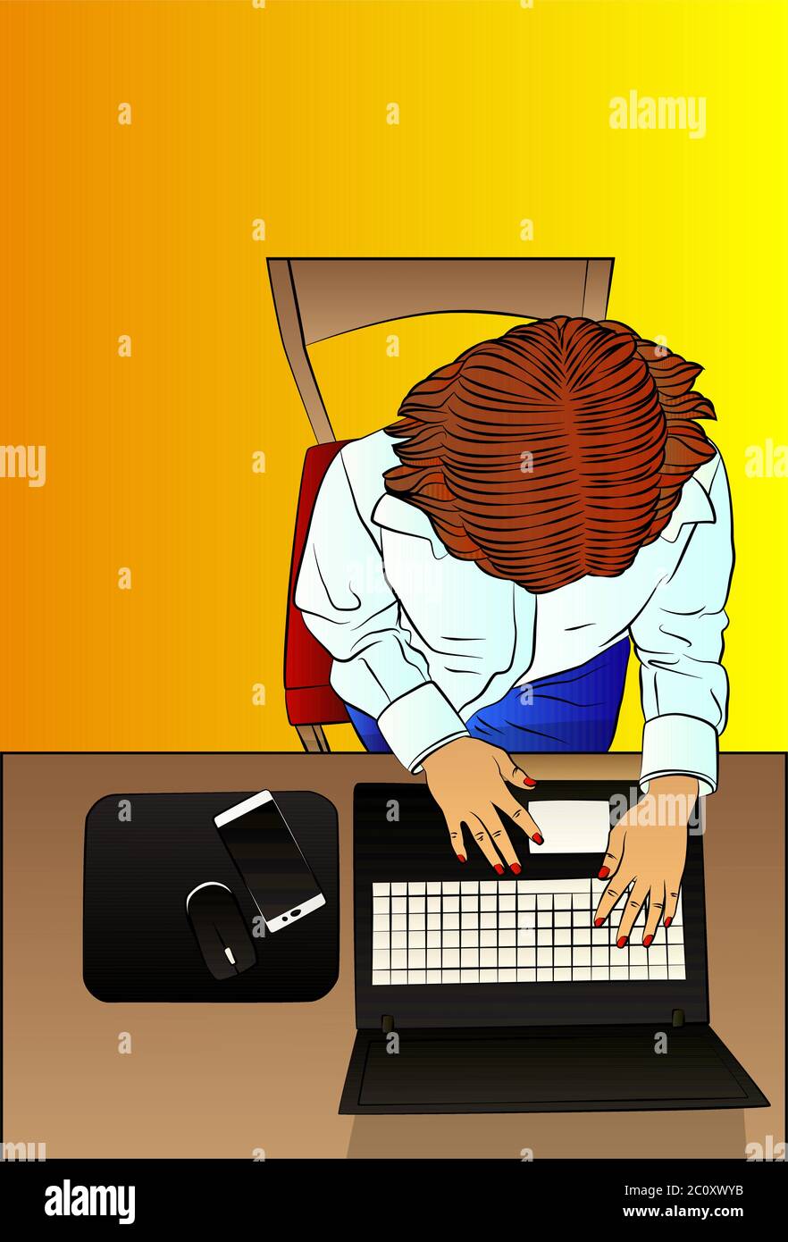 Woman working on a laptop computer from top view - comic book style ...