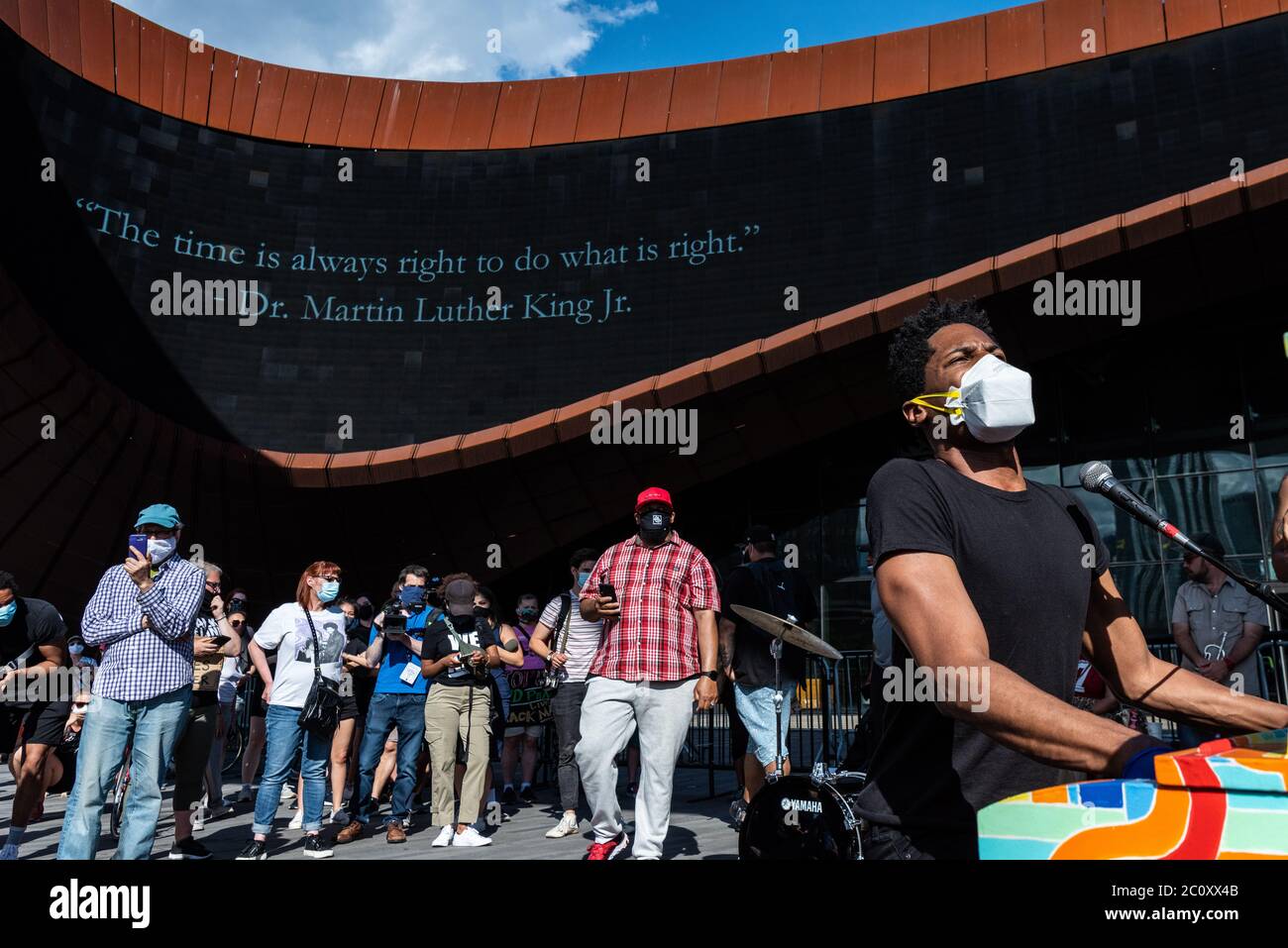 Brooklyn, United States Of America . 12th June, 2020. Entering the third week of protests after the death of George Floyd, Jon Batiste and his band 'Stay Human' play at the Barclays Center calling for racial justice on June 12, 2020, in Brooklyn, New York. (Photo by Gabriele Holtermann/Sipa) Credit: Sipa USA/Alamy Live News Stock Photo