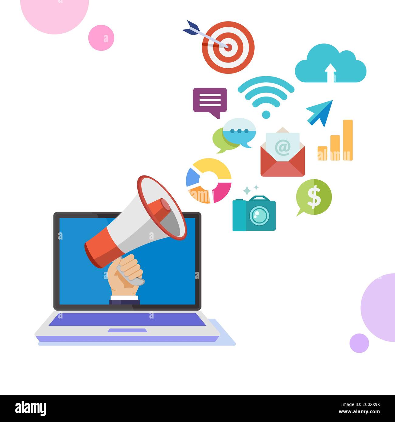Vector illustration of online marketing strategy with multimedia service platform. Business service promotion plans. Top internet marketing product. Stock Vector