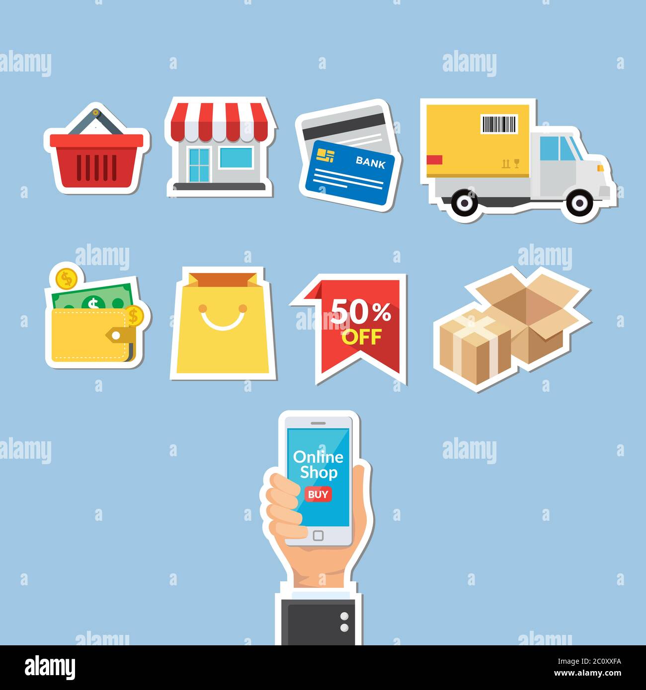 Sticker set elements of online shopping activities. illustration of internet for online shopping Vector Image & Art - Alamy