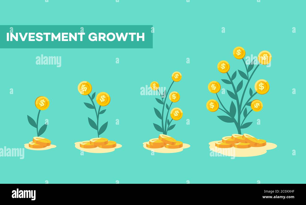 illustration of investing money. Money tree plants that grow and develop from financial investment. The concept of growing profits in investment. Stock Vector