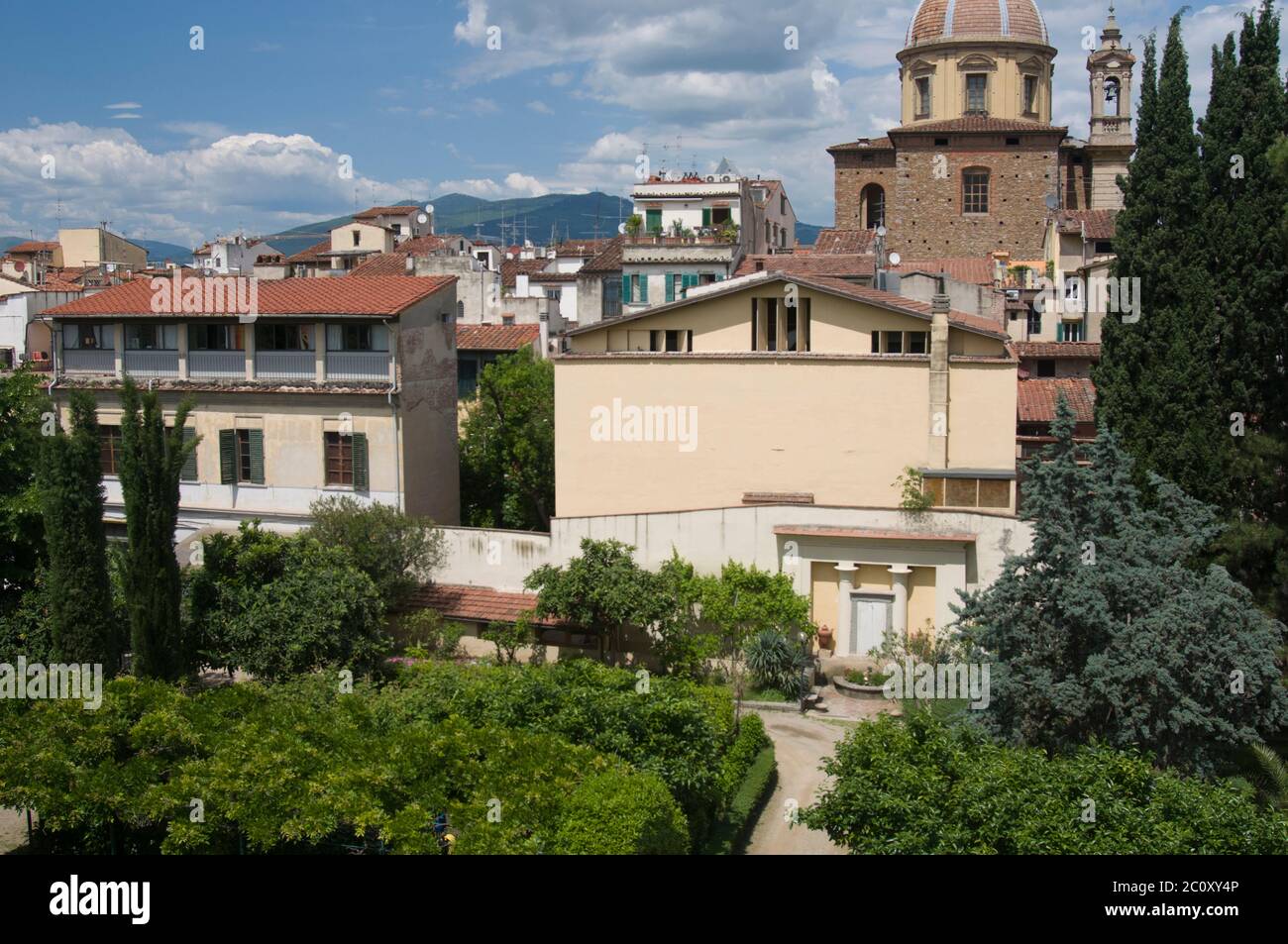 Gardens of the Casa Santo Nome di Gesu, a convent south of the Arno in Florence, offering economical accommodation to visitors. Stock Photo