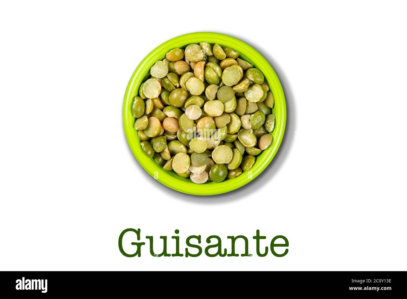 Green Bowl with culinary ingredients Pea (text in Spanish) on white