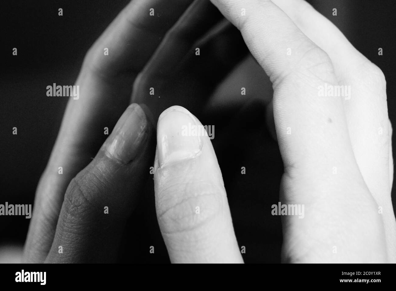 A close up of hand, black and white soul sad emo mirror Stock Photo